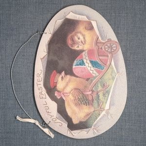 Wood Wall Hanging Art Vintage Look Joyful Easter Chicks Eggs Gitter Accent